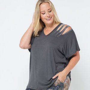 VOCAL LASER CUT STONES PLUS 1X-3X COAL TUNIC TOP